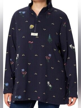 Navy Floral Half-Zip Pullover with Bee Accents